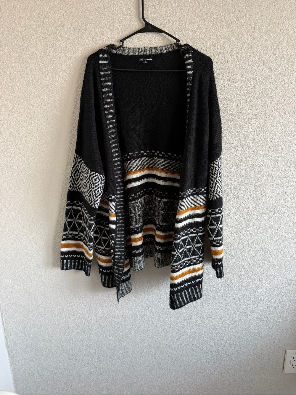 Fashion Nova Black Open-Front Cardigan with White, Gray and Mustard Stripes